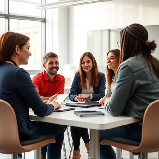 Students collaborating during a career coaching session, discussing interview strategies and techniques in a bright, modern classroom.